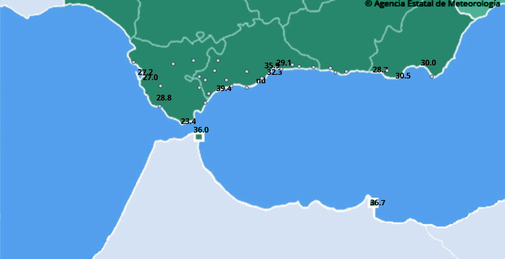 El mapa de la Agencia Estatal de Meteorolog&iacute;a muestra la temperatura m&aacute;xima en Ceuta, registrada a las 16.00 _ AEMET