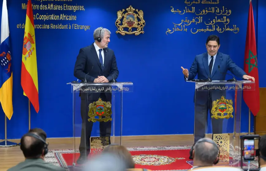 Fernando Clavijo, presidente canario,  con Nasser Bourita, ministro marroqu&iacute; de Exteriores, en Rabat esta semana /EFE