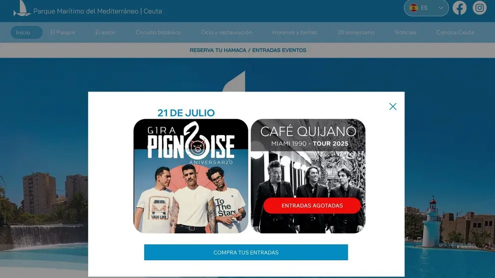  Captura de la web del Parque donde se siguen ofreciendo las entradas para dos conciertos no contratados. 