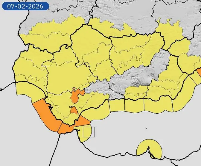 Previsi&oacute;n meteorol&oacute;gica en el Estrecho de Gibraltar y el Ceuta el s&aacute;bado 7 de febrero. Imagen: AEMET Andaluc&iacute;a