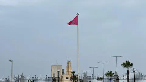 La bandera contra el c&aacute;ncer de mama preside hoy y ma&ntilde;ana la entrada al Muelle de Espa&ntilde;a/ Dani Hern&aacute;ndez