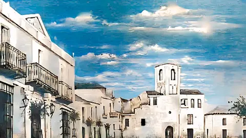 Obra de Cano, pintor del siglo XIX. Se puede ver la madrasa, con la entrada y sobre ella el alminar con decoraci&oacute;n a&uacute;n de &eacute;poca merin&iacute;.