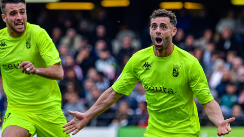 Rodri R&iacute;os tras anotar su primer gol con la AD Ceuta FC en esta campa&ntilde;a