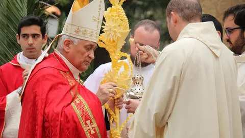 El obispo de la di&oacute;cesis de C&aacute;diz y Ceuta, Rafael Zornoza presidiendo tanto la procesi&oacute;n de palmas y de las ramas&nbsp;de olivo como la Santa Misa en 2024 / Archivo