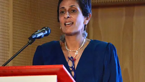 Kissy Chandirmani, durante la clausura de la jornada organizada por la C&aacute;mara de Comercio de Ceuta