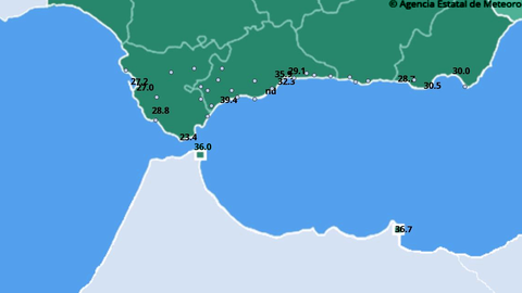 El mapa de la Agencia Estatal de Meteorolog&iacute;a muestra la temperatura m&aacute;xima en Ceuta, registrada a las 16.00 _ AEMET