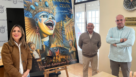 Pilar Orozco, Andr&eacute;s Pe&ntilde;a y Eduardo Ayala junto al Cartel del Carnaval 2025 / Daniel Hern&aacute;ndez