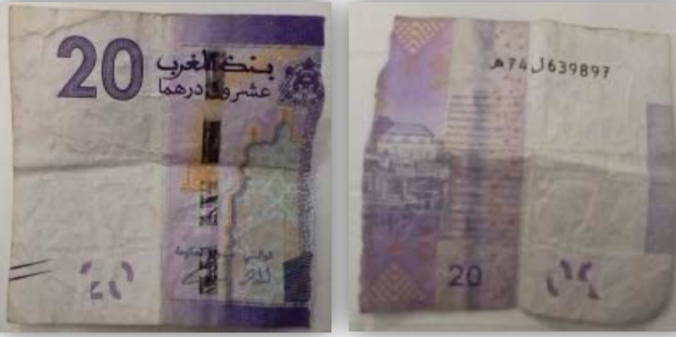 Billete de 20 Dirhams usado en la prueba de seguridad. 