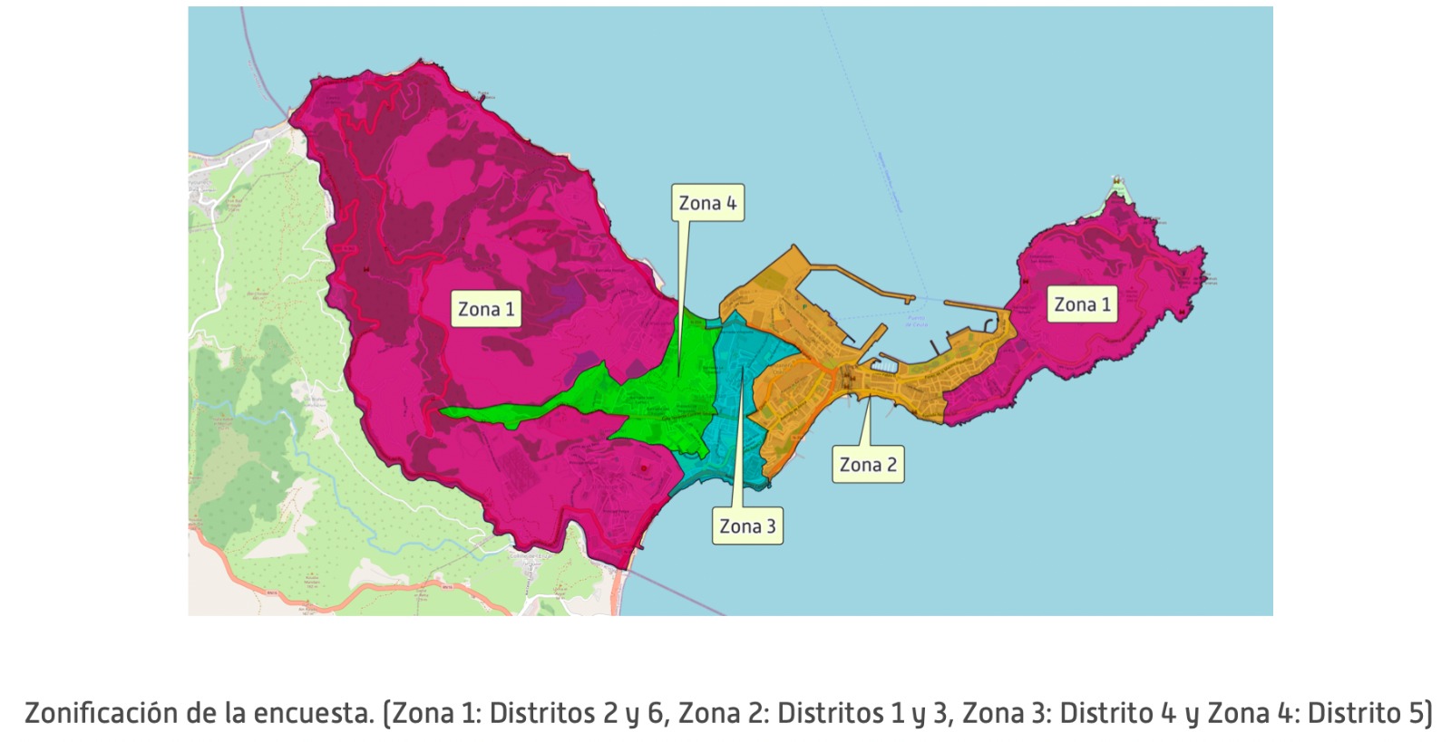 Mapa en el que se han distribuido las 4 zonas de la ciudad a la hora de hacer la encuesta.