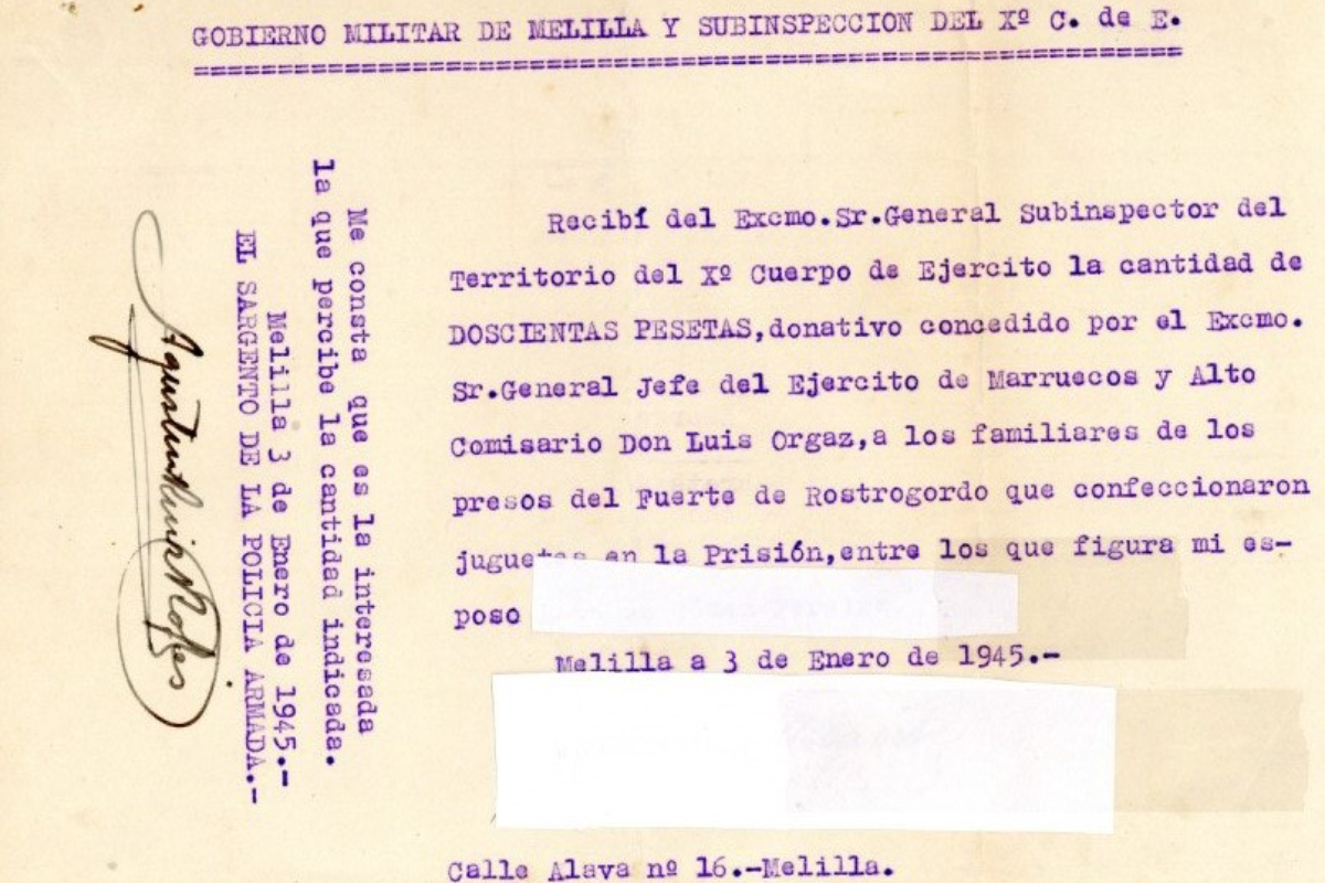 Recibo y justificante de correos de transferencia de 200 pesetas a esposa de un preso