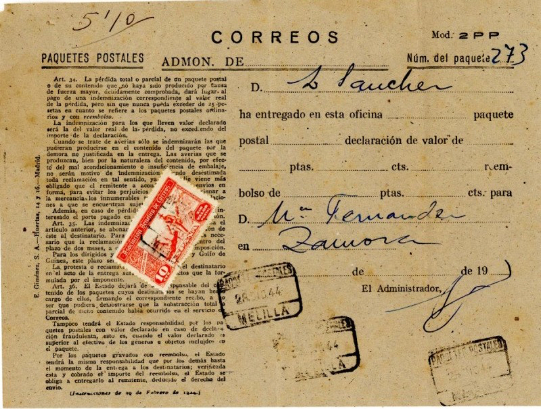 Recibo y justificante de correos de transferencia de 200 pesetas a esposa de un preso