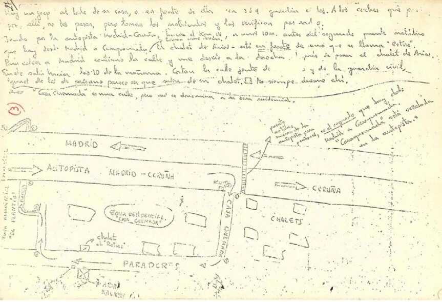 Plano de la ubicación de la vivienda del presidente Carlos Arias Navarro encontrado en un 'buzón' de ETA en
Rentería / Fuente: Archivo Judicial Territorial de la Comunidad de Madrid, Sumario 2/1977 del Juzgado de Instrucción nº 21 de Madrid.